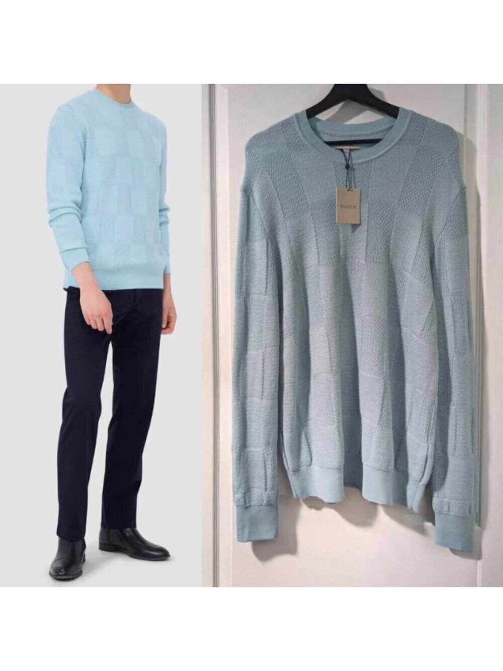 Bugatchi | Multi-Stitch Check Jacquard Crew Neck Sweater In Ice Blue